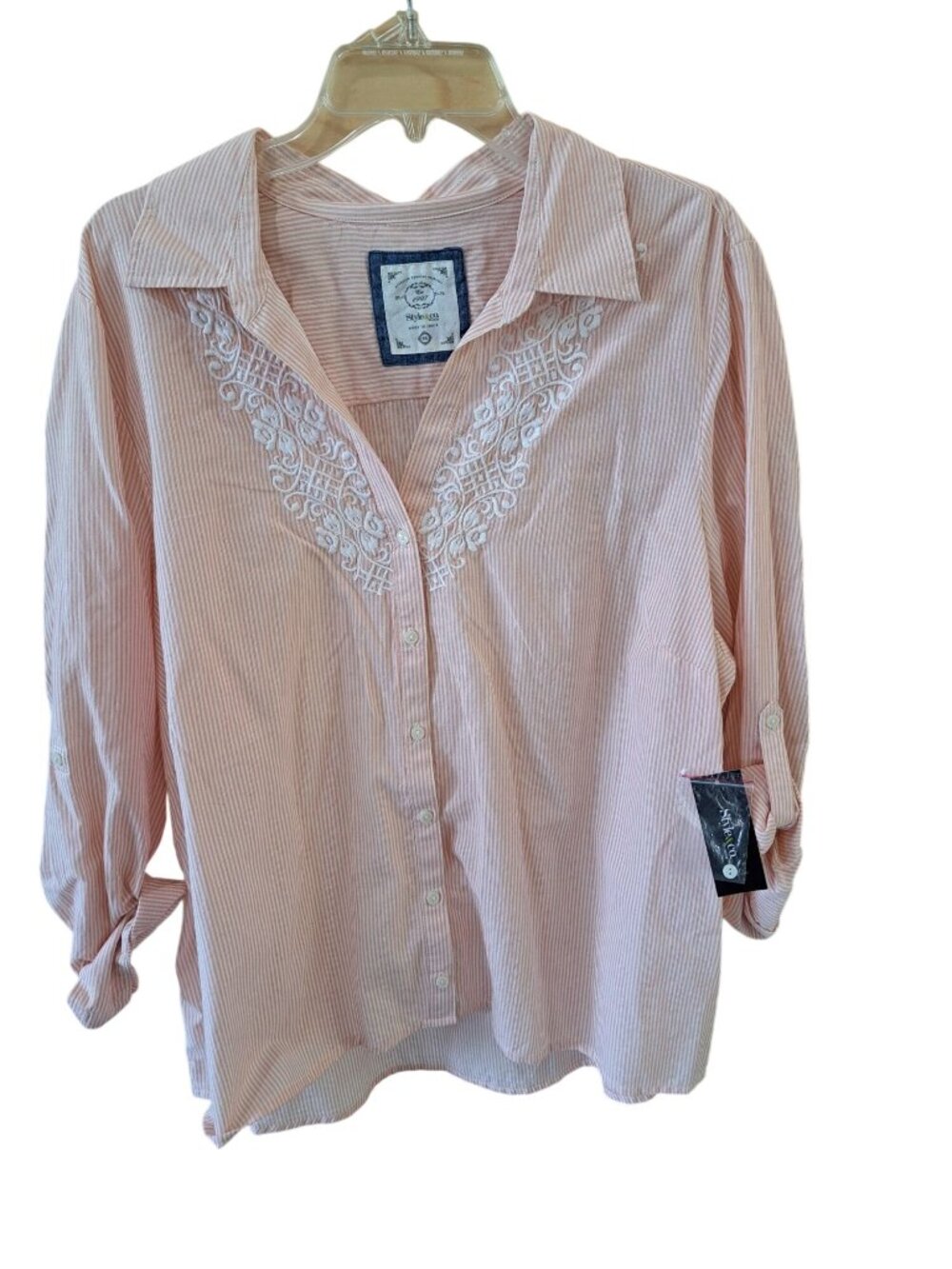 New Size 3XL Style & Co Womens Railroad Embroidered Button-Down Shirt Roll-Tab